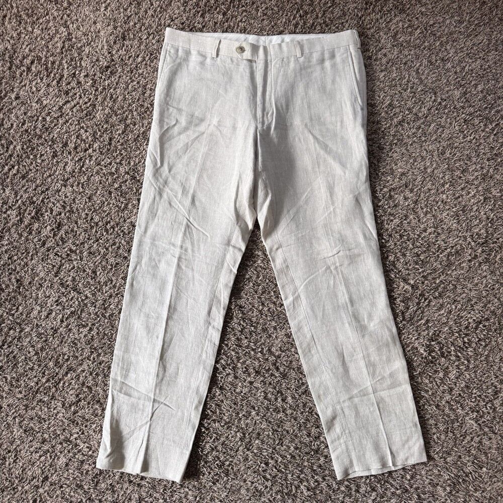 Nordstrom Pants Mens 35R Beige Flat Front Dress Trousers Ormezzano Italian Linen